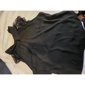 Used-Black Sleeveless Top with Lace Cap Sleeves and Collar